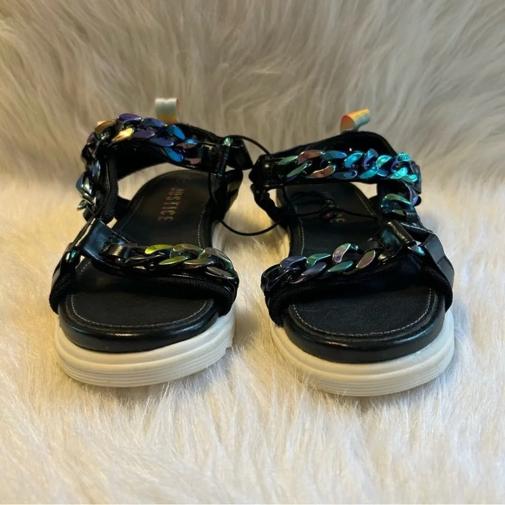 Justice Sandals Girls Size 1 Black‎ Chains Open Toe Adjustable Shoes